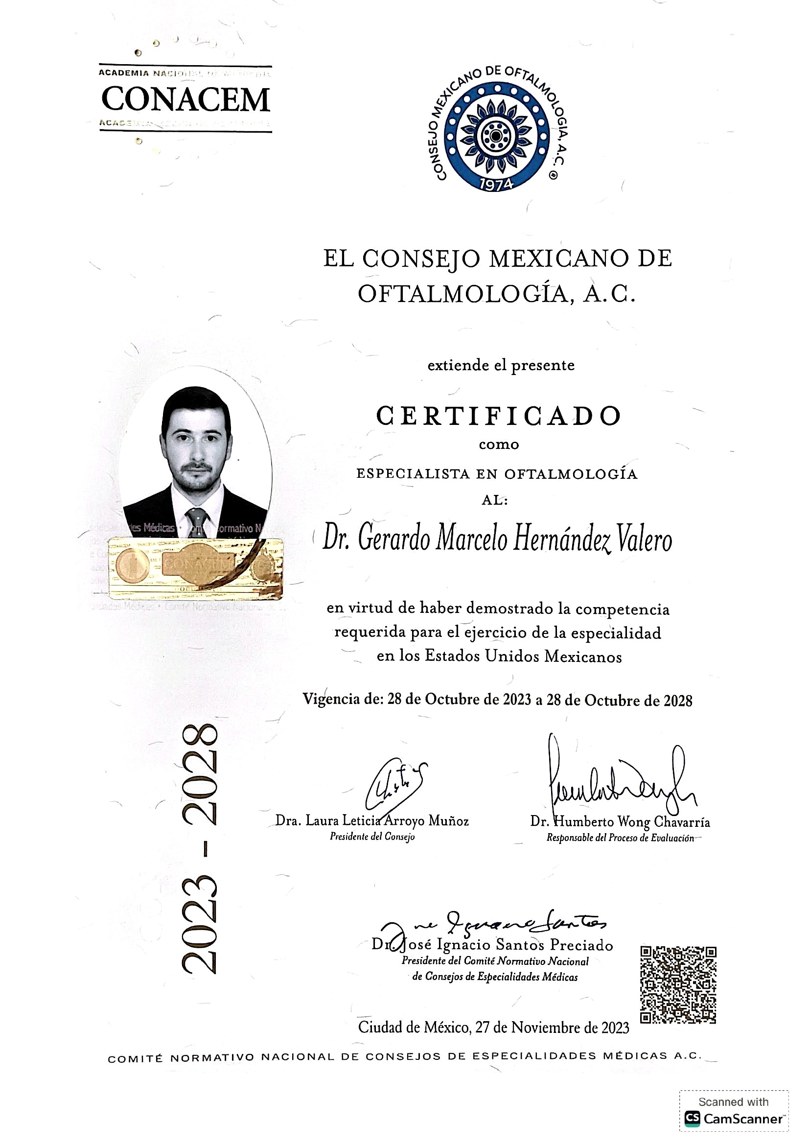 Certificado como Especialista en Oftalmología — Consejo Mexicano de Oftalmología, A.C., Dr. Gerardo Marcelo Hernández Valero.