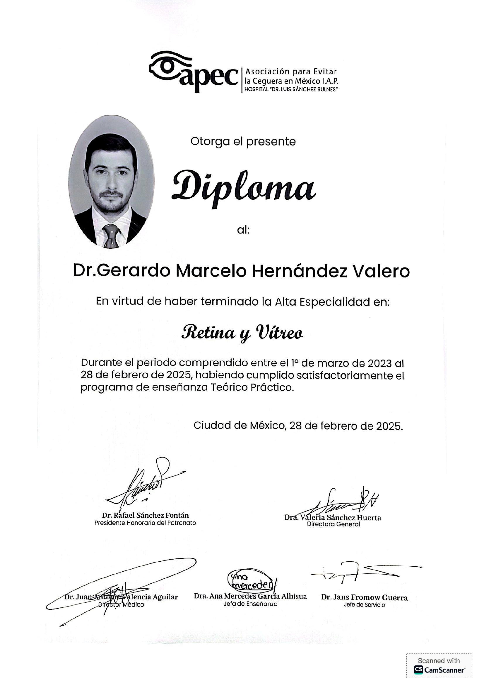 Diploma de Alta Especialidad en Retina y Vítreo — Asociación para Evitar la Ceguera en México (APEC), Dr. Gerardo Marcelo Hernández Valero.
