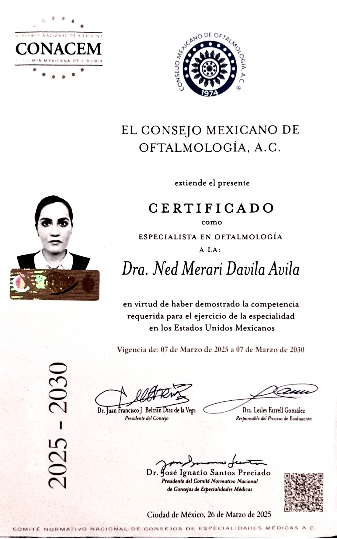 Certificado como Especialista en Oftalmología — Consejo Mexicano de Oftalmología, A.C., Dra. Ned Merari Dávila Avila.