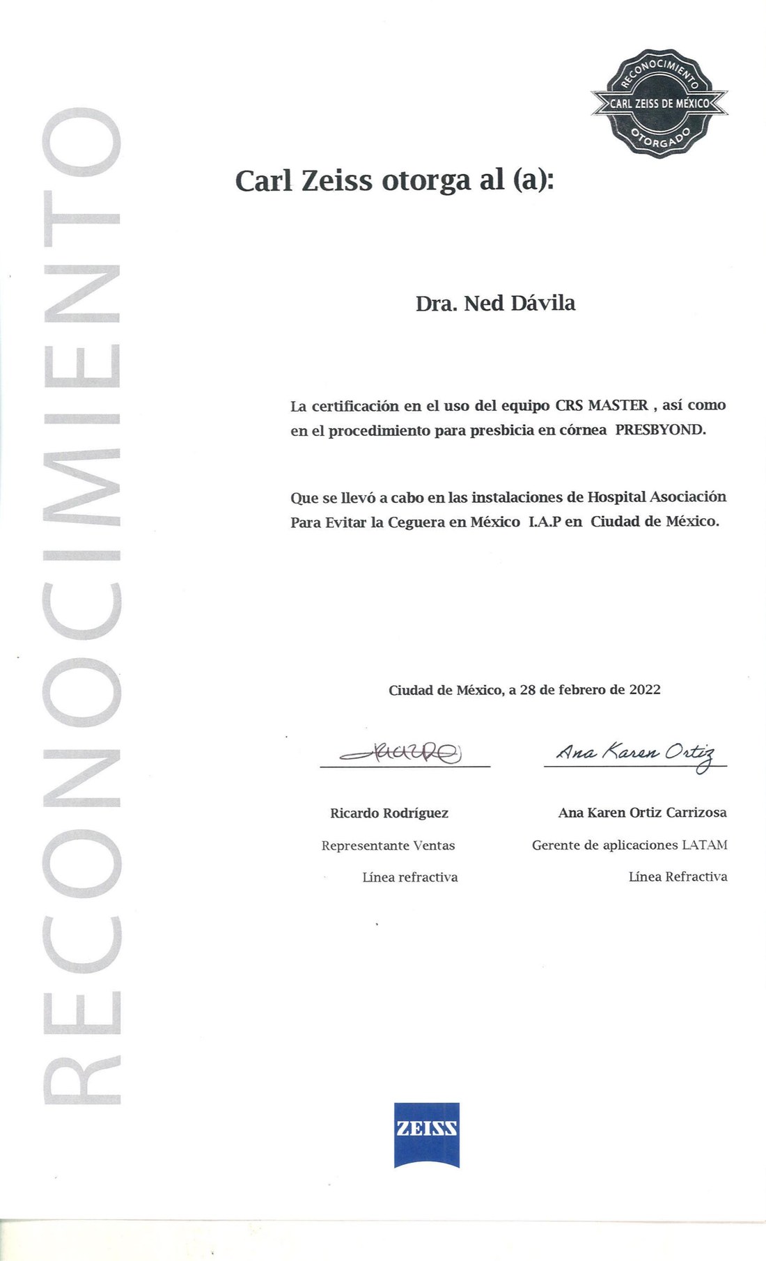 Certificación Carl Zeiss — PRESBYOND